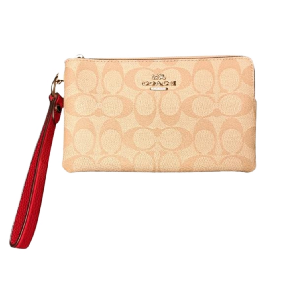 COACH Large Corner Zip Wristlet in Signature Canvas w Detachable Red Strap, NWOT
